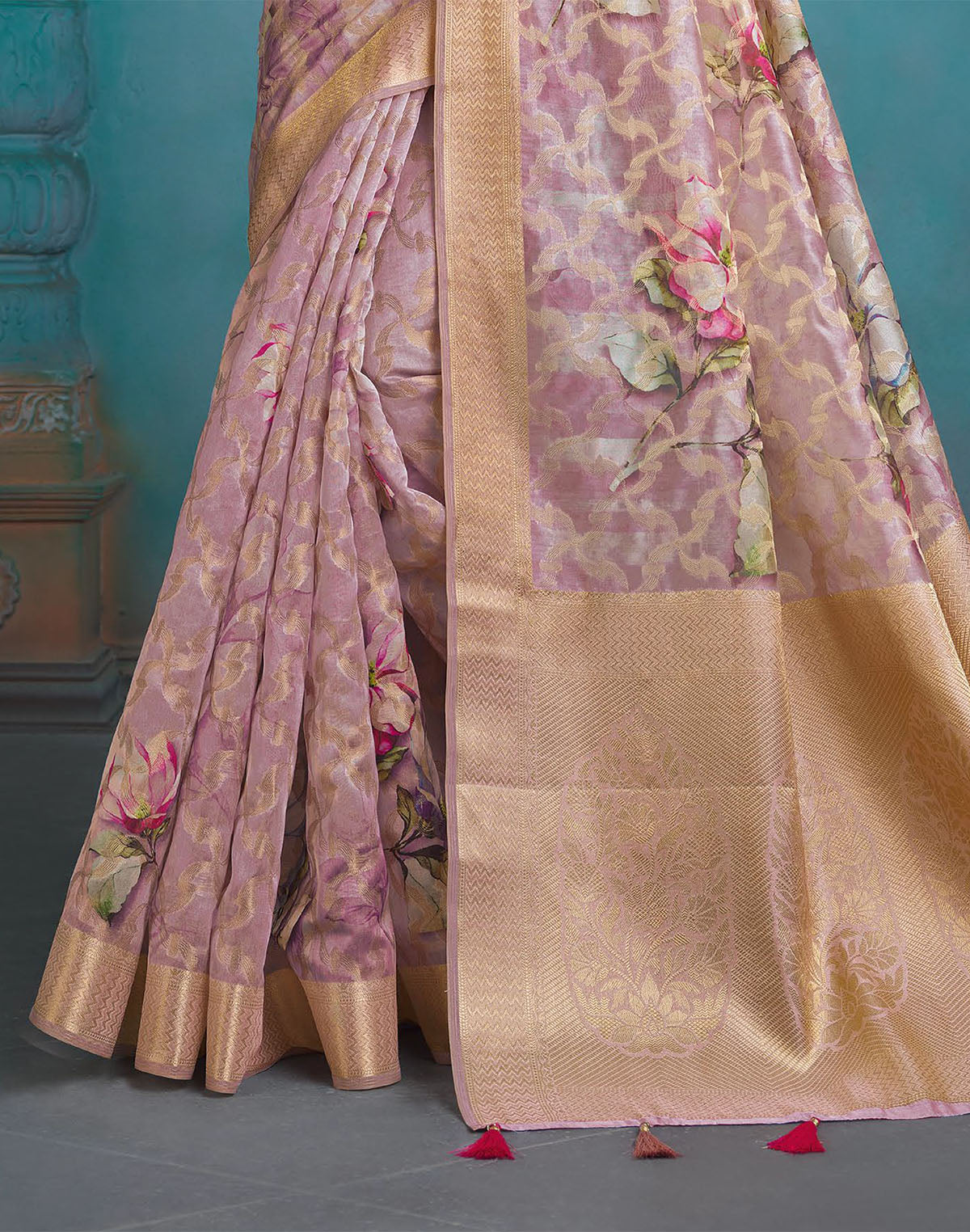 Collection of Light Pink Floral Bunches Tissue Saree in a gallery layout