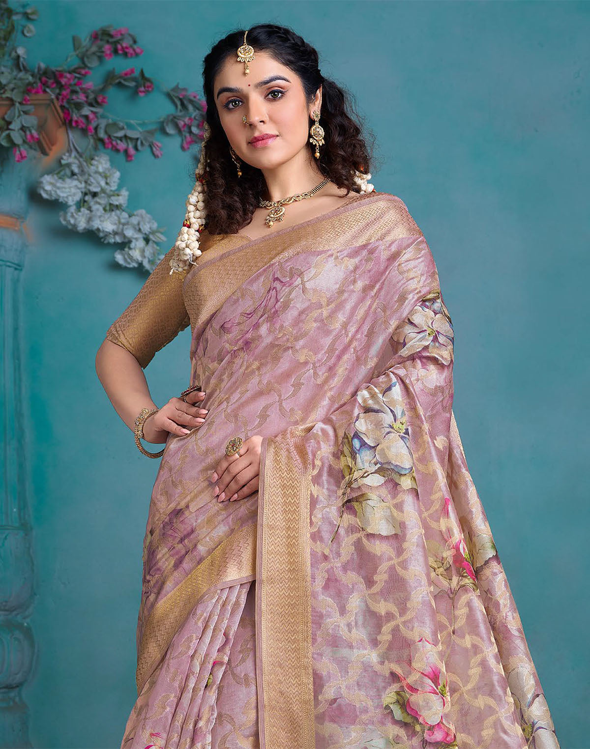 Collection of Light Pink Floral Bunches Tissue Saree in a gallery layout