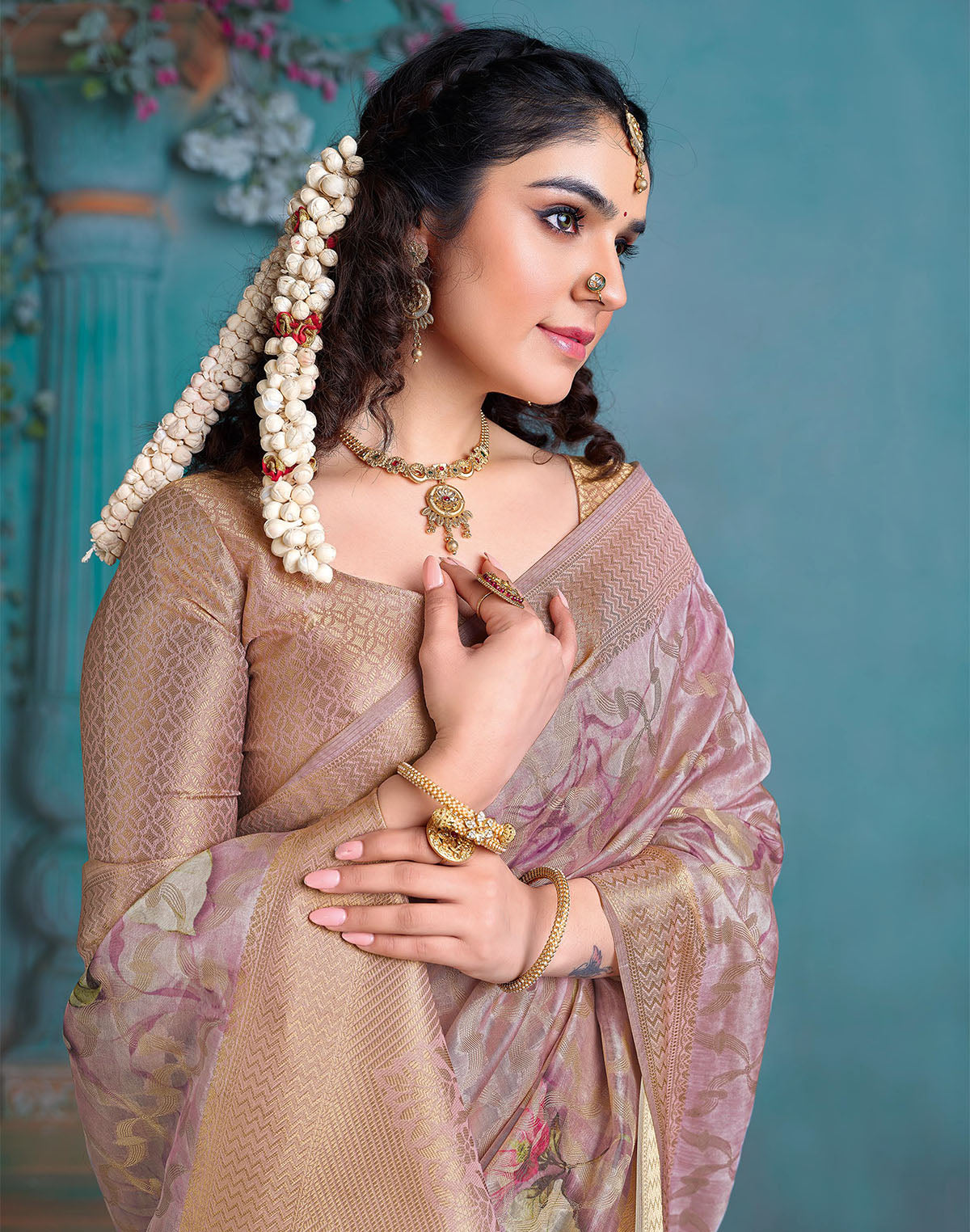 Collection of Light Pink Floral Bunches Tissue Saree in a gallery layout