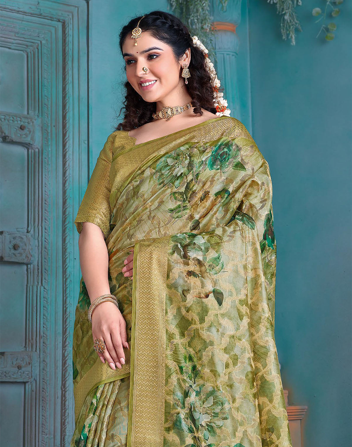 Collection of Green Floral Woven Design Tissue Saree in a gallery layout