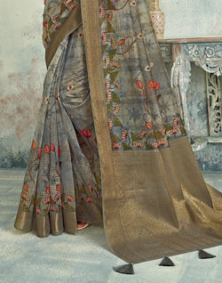 Collection of Grey Digital Floral Print Tissue Saree in a gallery layout