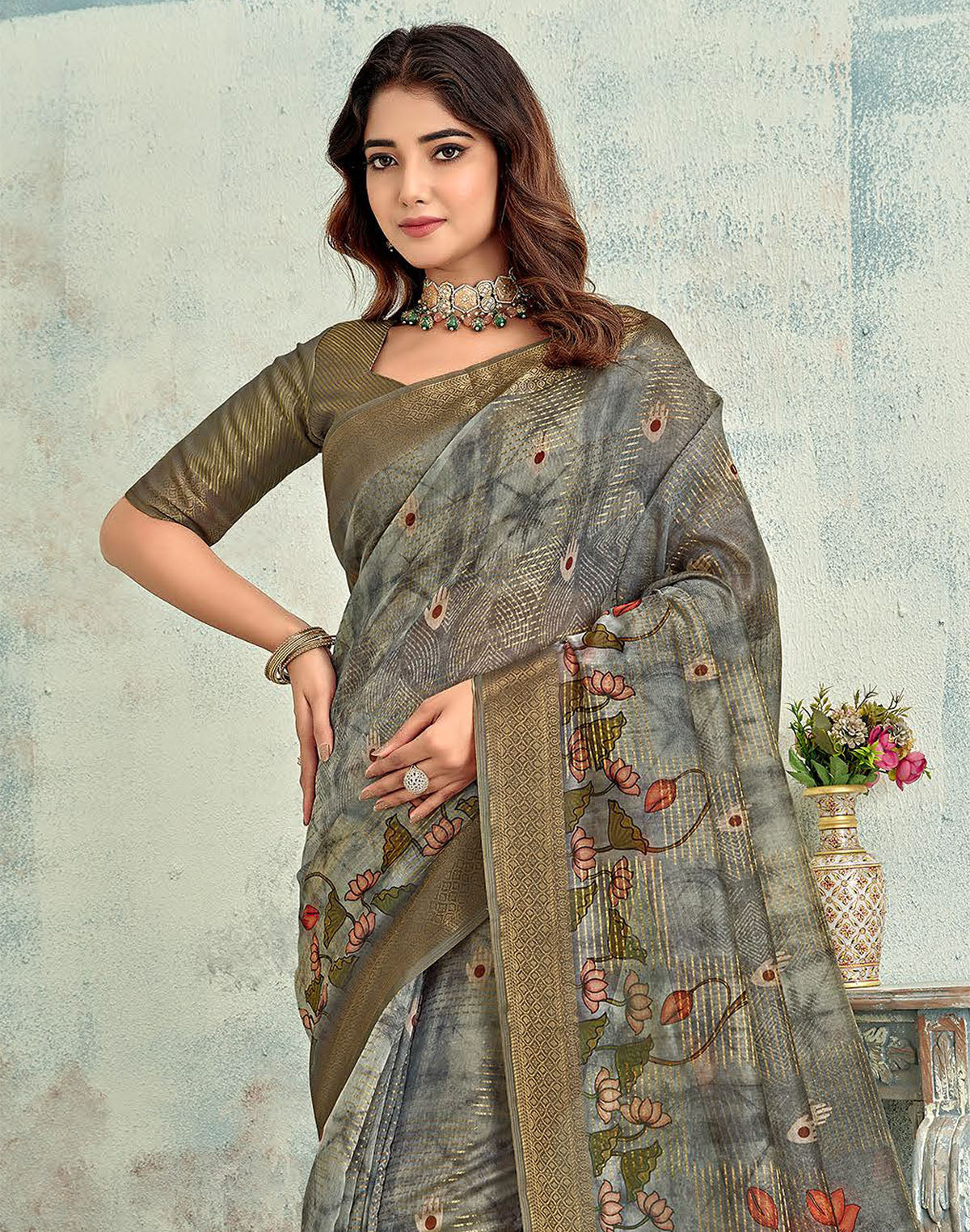 Collection of Grey Digital Floral Print Tissue Saree in a gallery layout