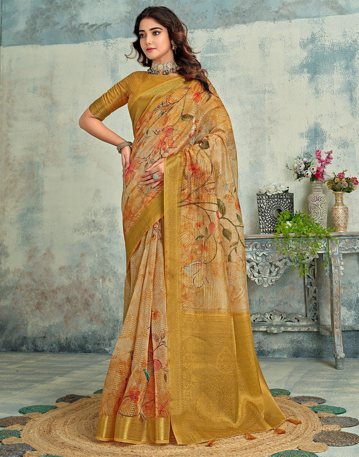 Light Brown Tissue Digital Floral Print Saree