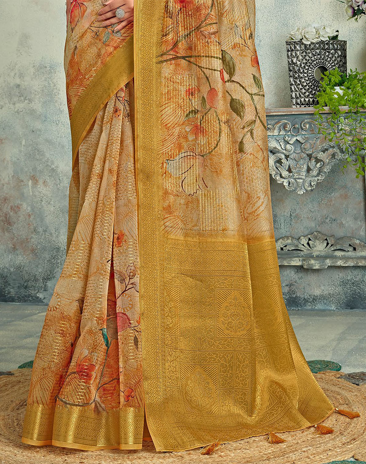 Collection of Light Brown Tissue Digital Floral Print Saree in a gallery layout