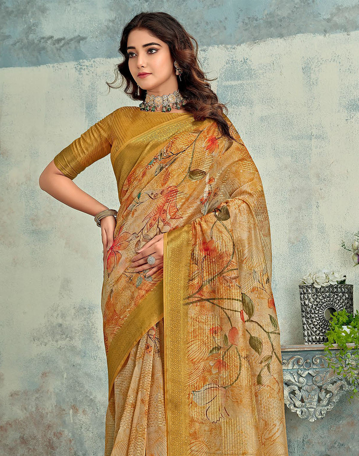 Collection of Light Brown Tissue Digital Floral Print Saree in a gallery layout