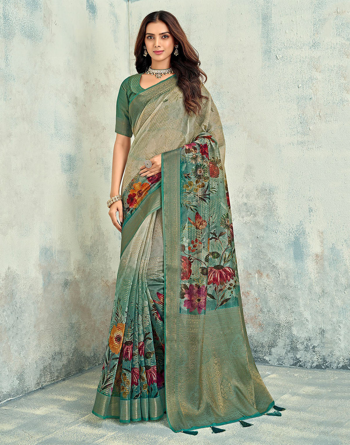 Light Beige Floral Digital Print Tissue Saree