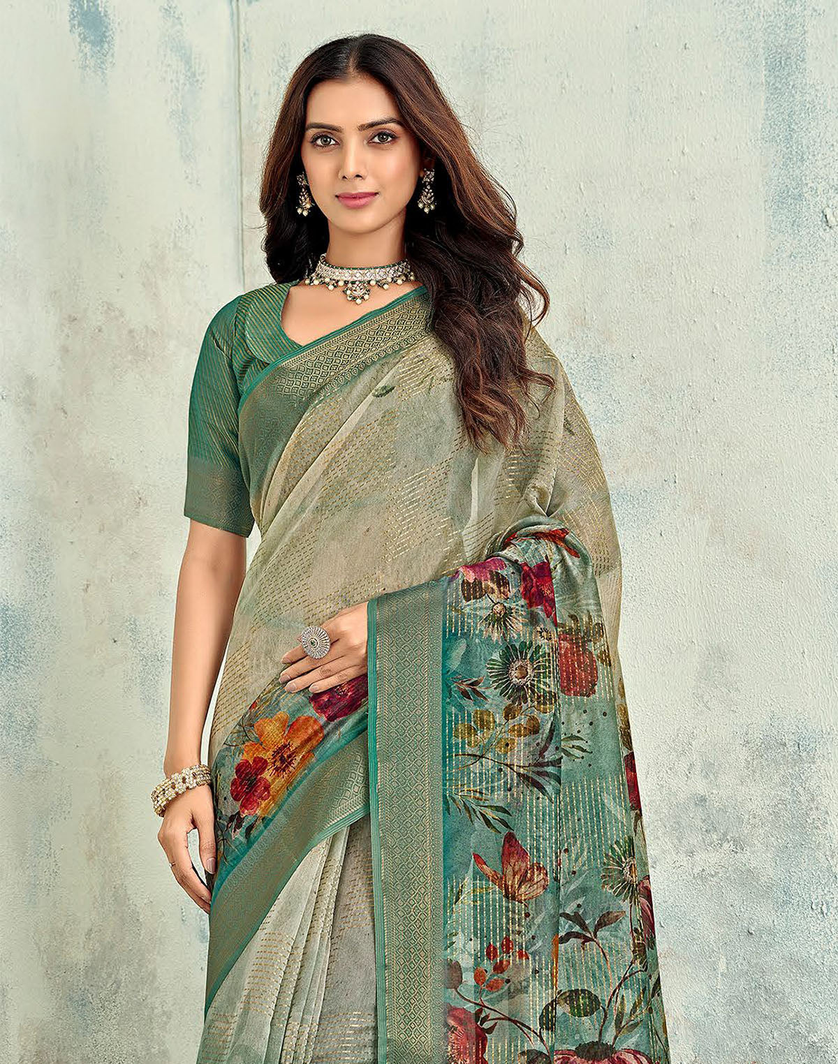 Light Beige Floral Digital Print Tissue Saree