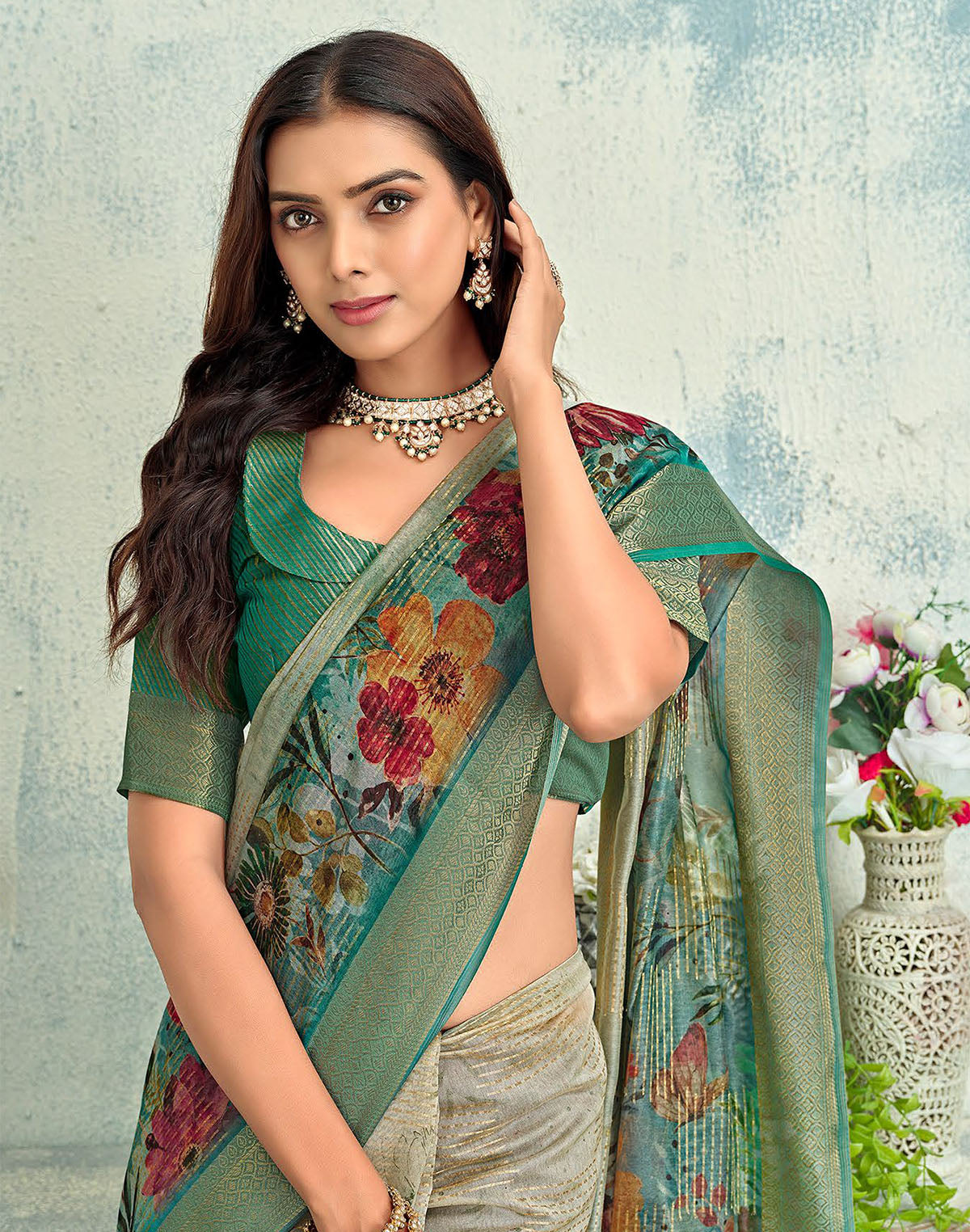 Collection of Light Beige Floral Digital Print Tissue Saree in a gallery layout