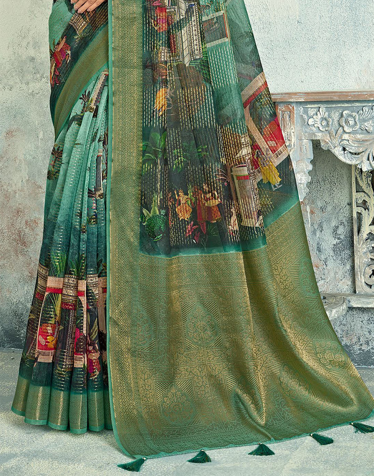 Collection of Green Digital Floral Print Tissue Saree With Zari Border in a gallery layout