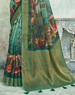 Collection of Green Digital Floral Print Tissue Saree With Zari Border in a gallery layout