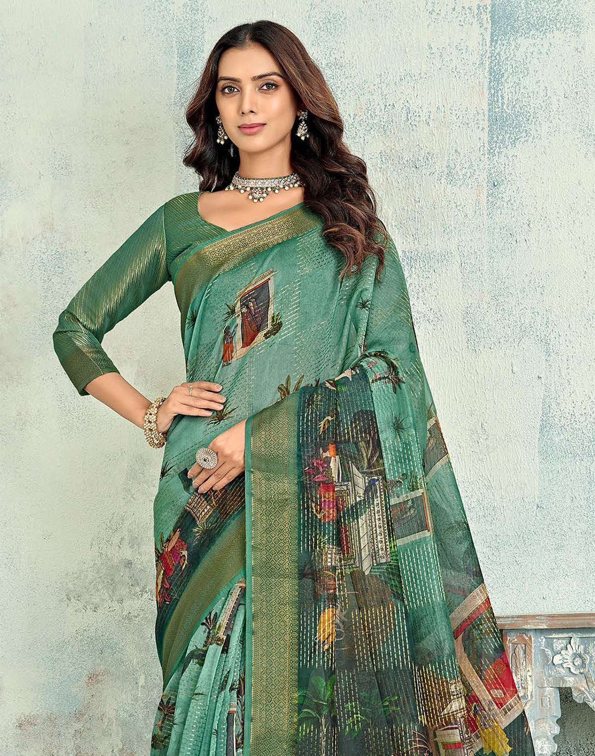 Green Digital Floral Print Tissue Saree With Zari Border