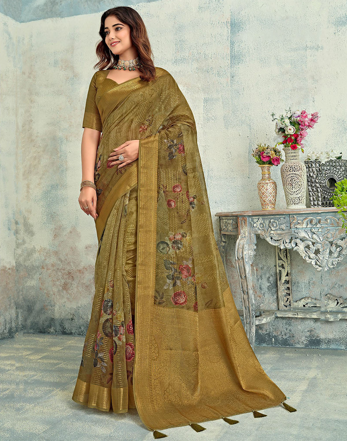 Brown Digital Print Tissue Fabric Self Blouse Saree