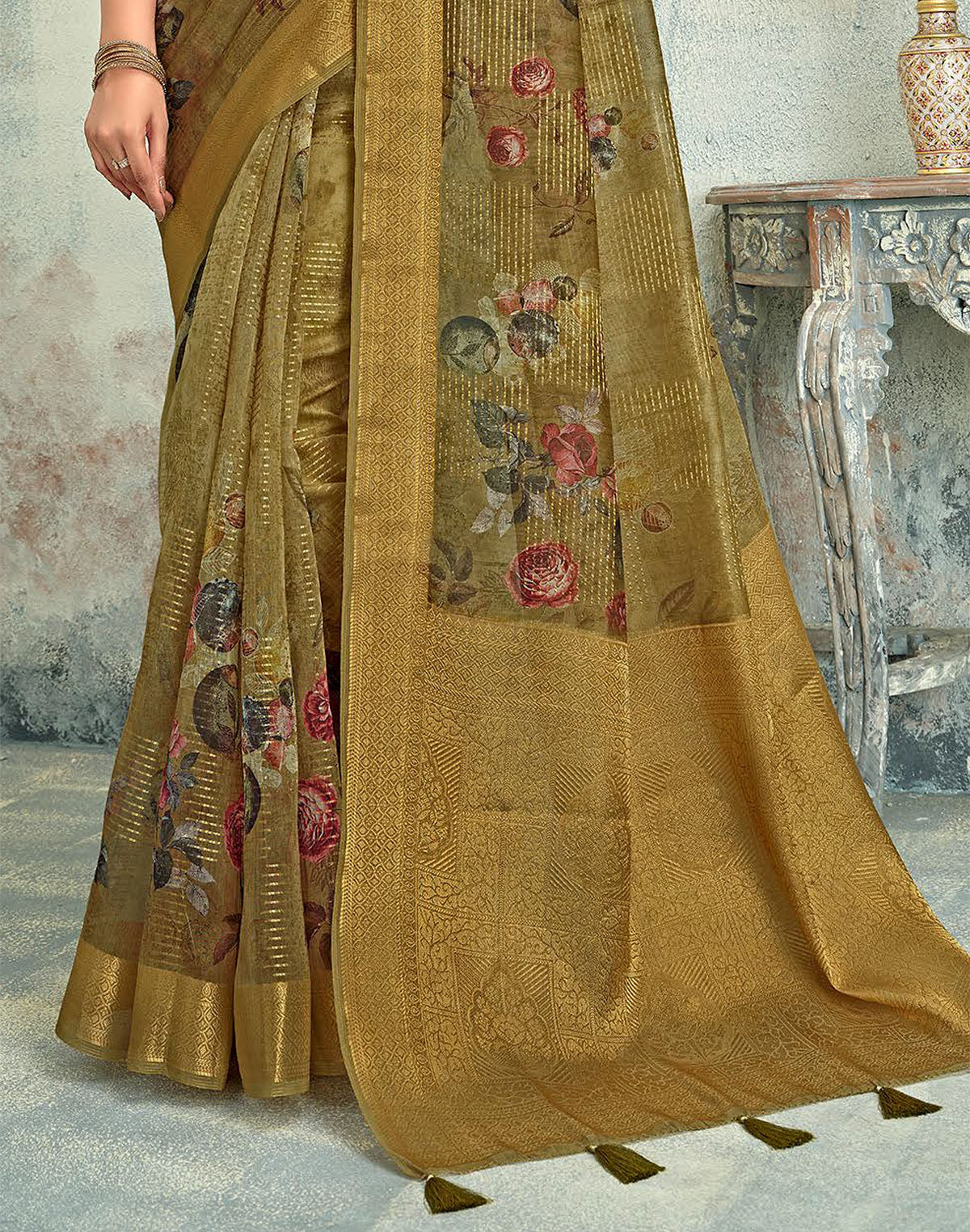 Collection of Brown Digital Print Tissue Fabric Self Blouse Saree in a gallery layout