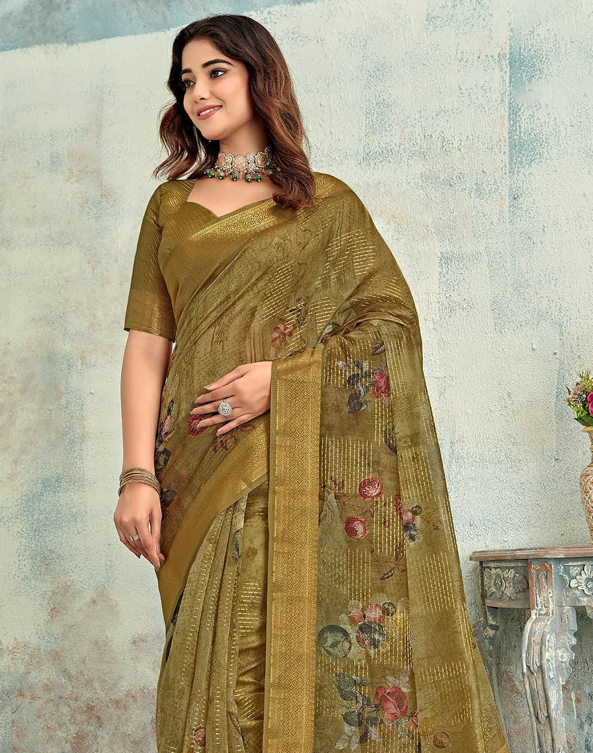 Collection of Brown Digital Print Tissue Fabric Self Blouse Saree in a gallery layout