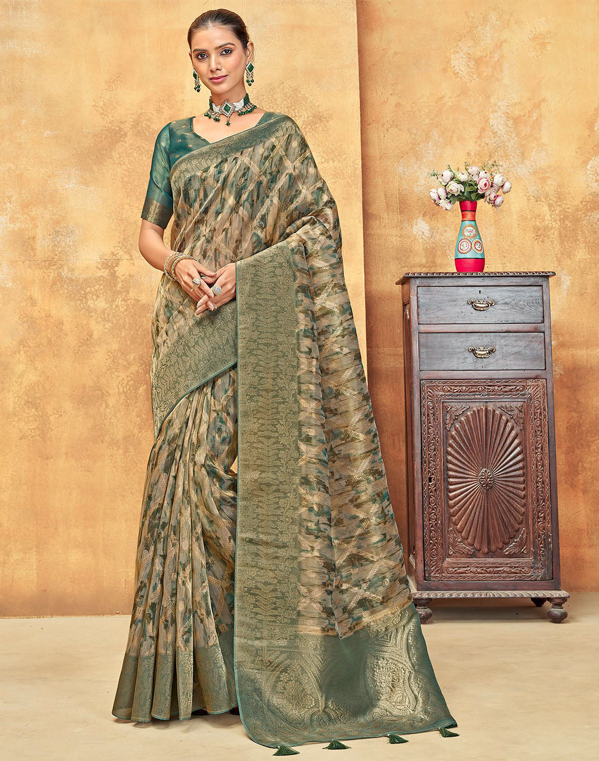 Green All Over Woven Design Organza Saree