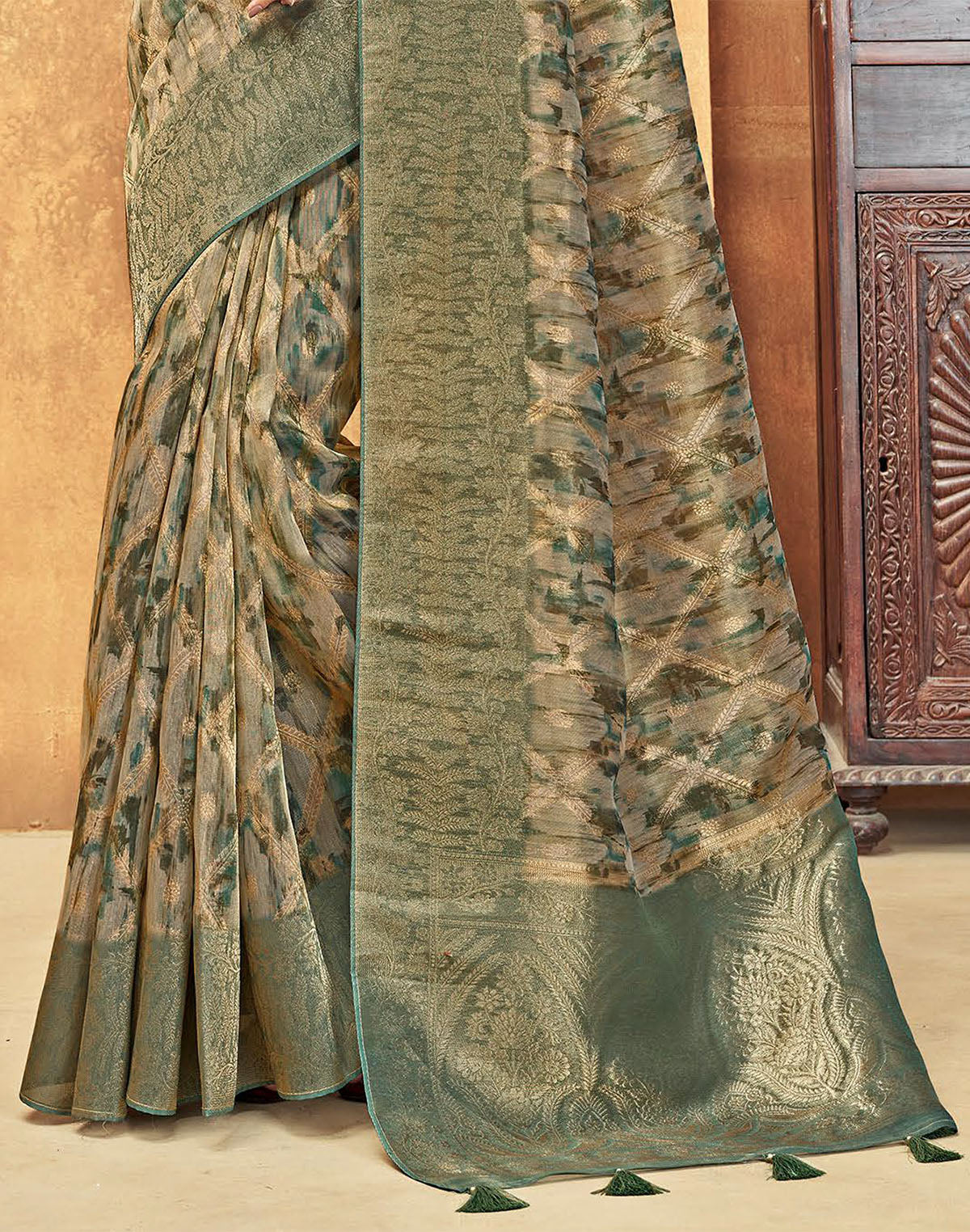 Green All Over Woven Design Organza Saree