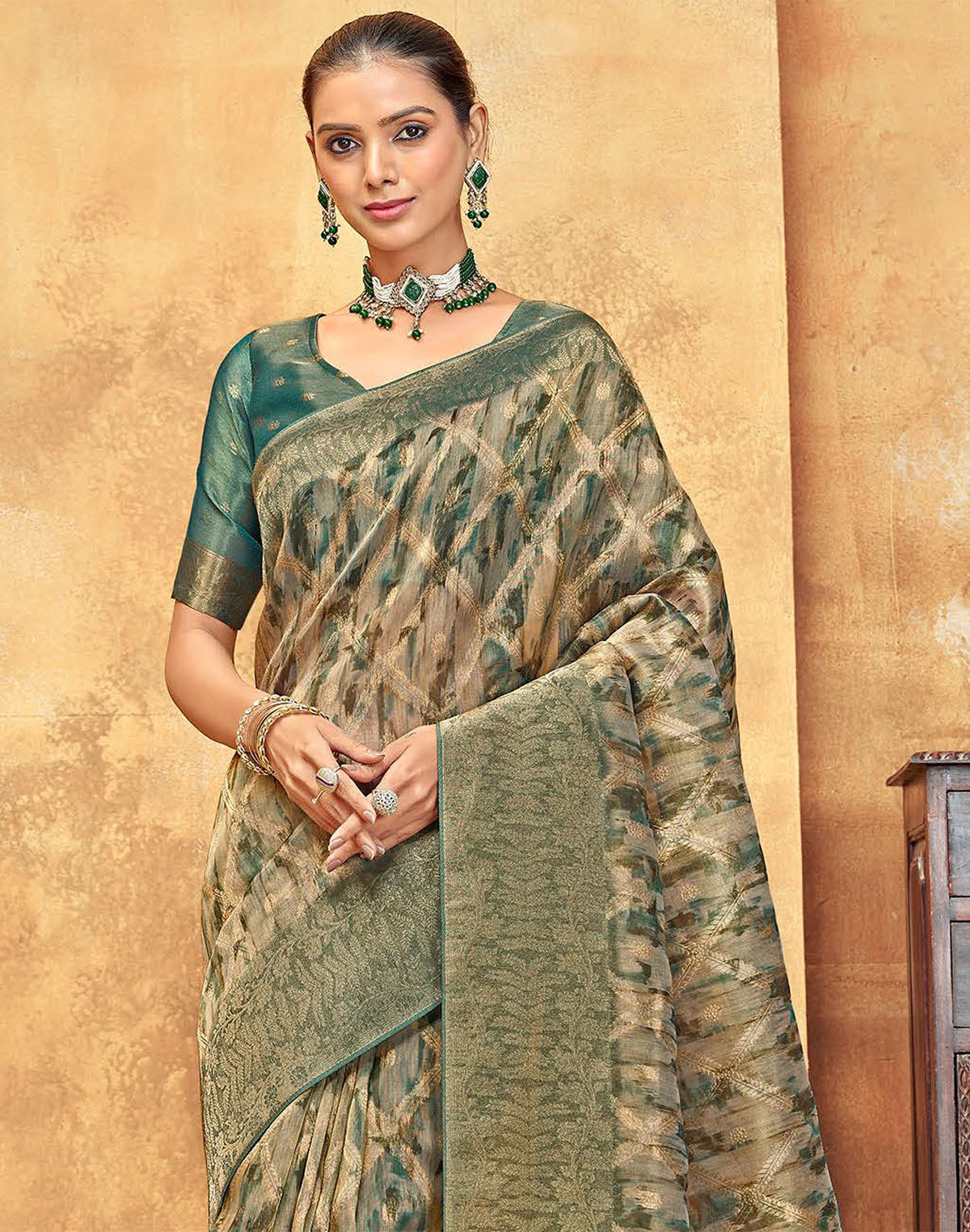 Green All Over Woven Design Organza Saree