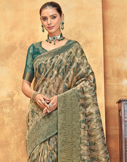 Collection of Green All Over Woven Design Organza Saree in a gallery layout