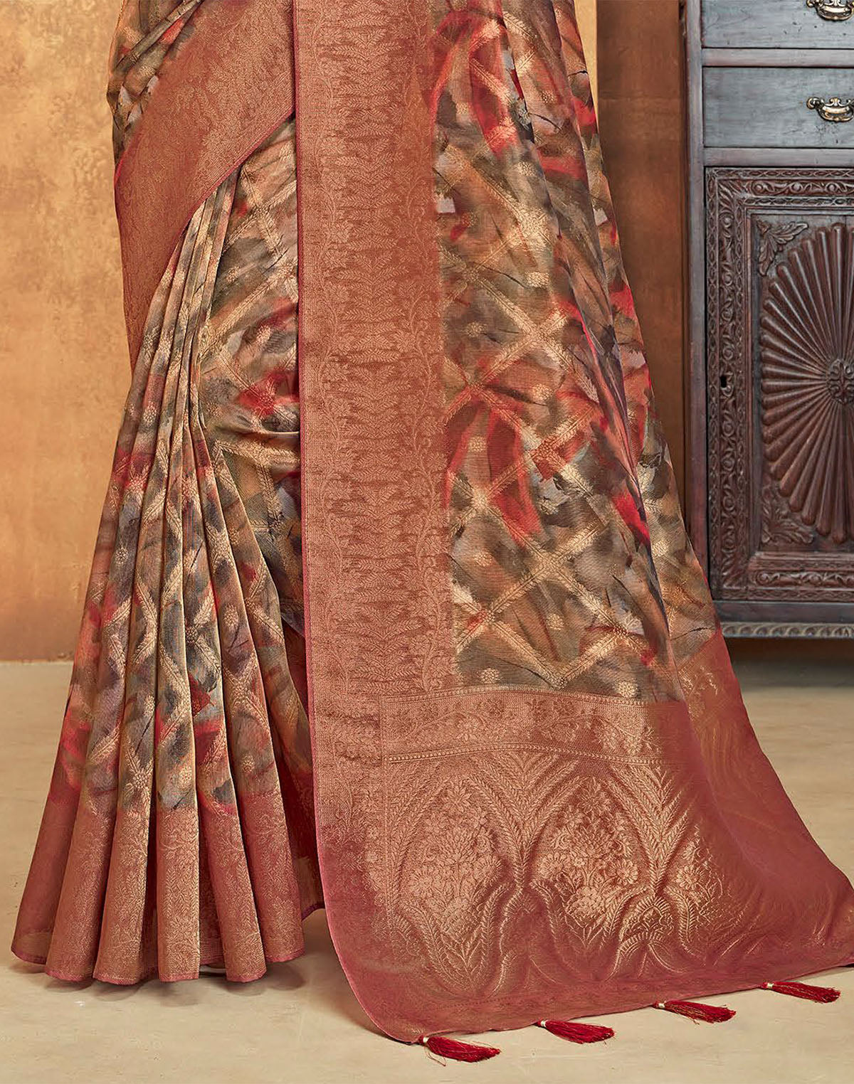 Collection of Brocade Design Organza Red Saree in a gallery layout