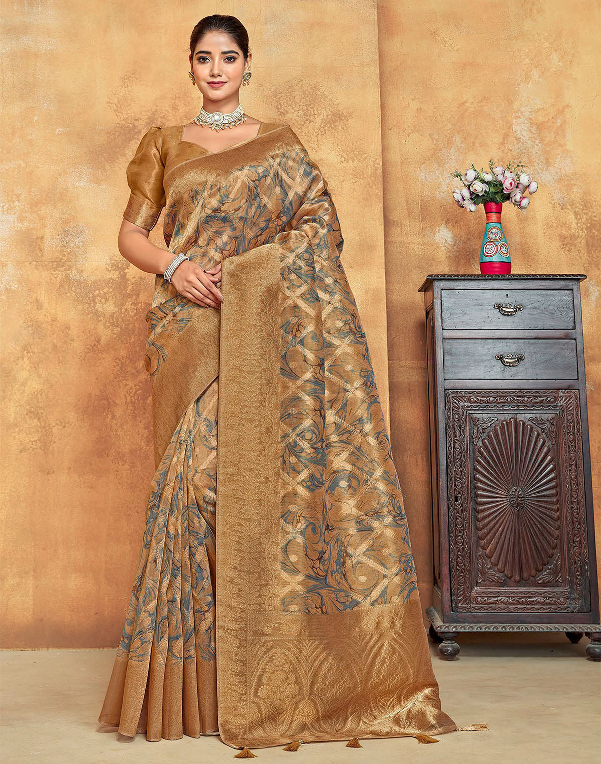 Light Brown Graphic Design Organza Saree