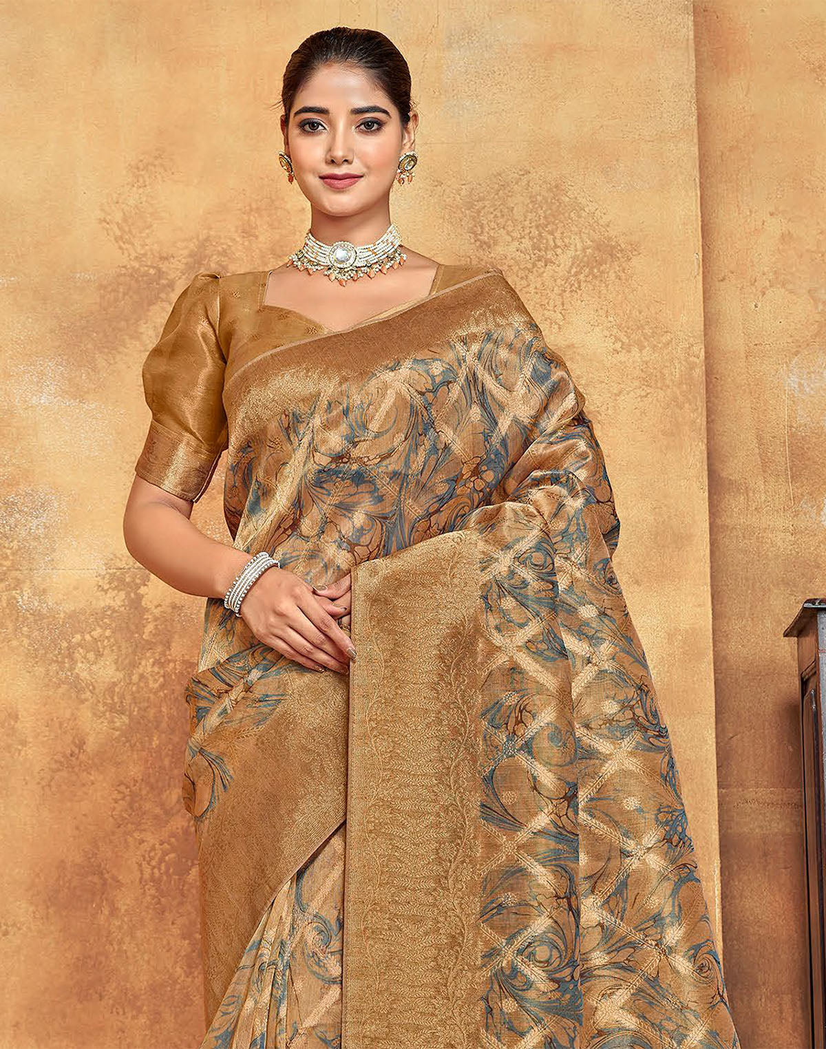 Collection of Light Brown Graphic Design Organza Saree in a gallery layout