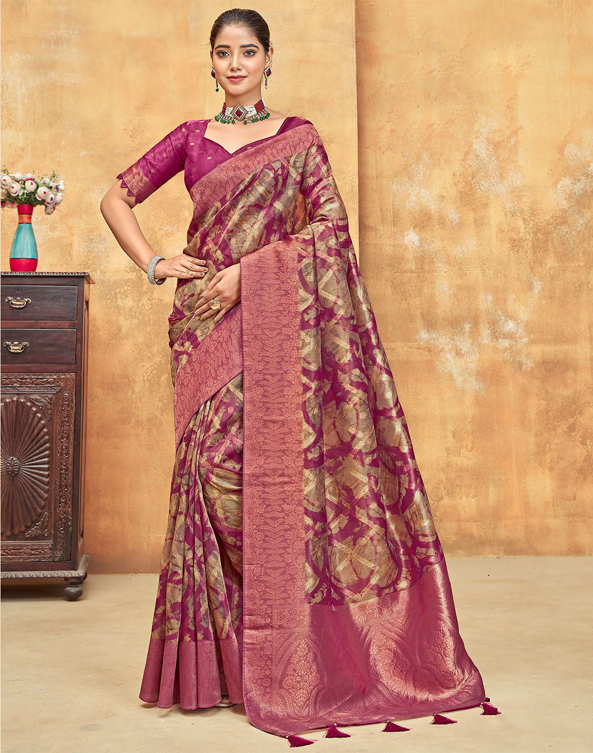 Dark Pink Organza Saree With Tussels