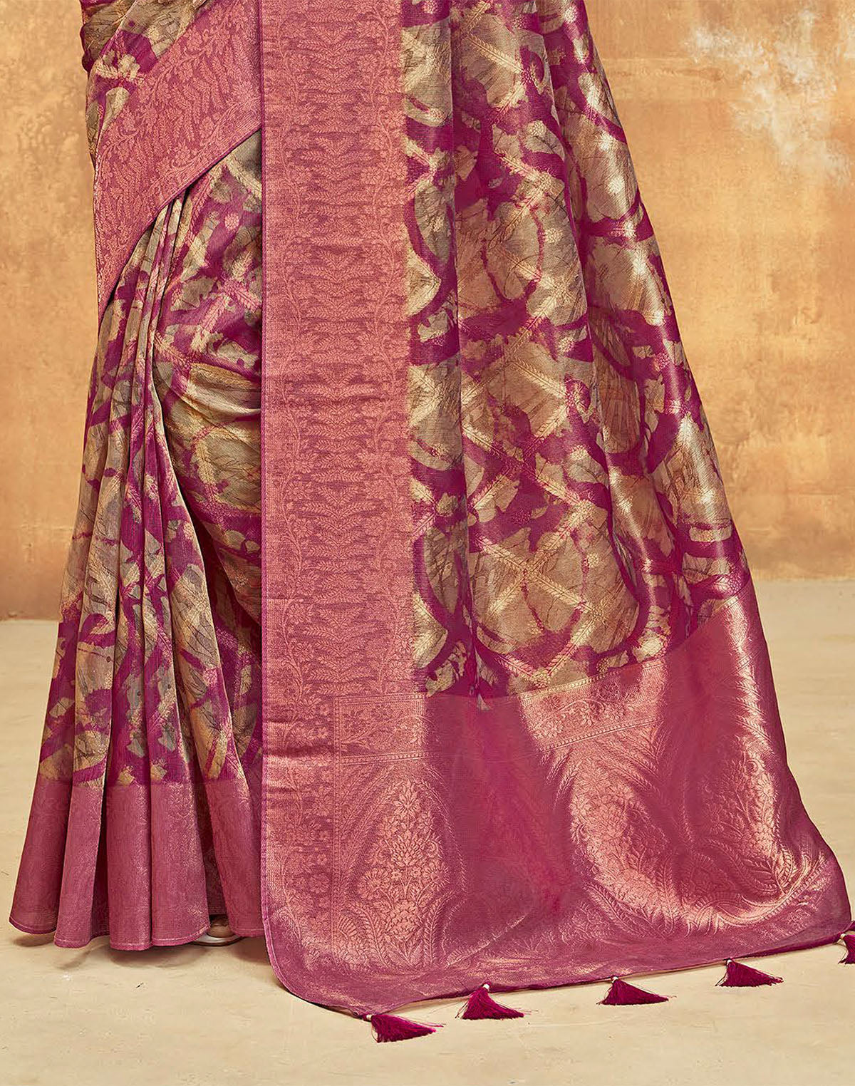 Dark Pink Organza Saree With Tussels