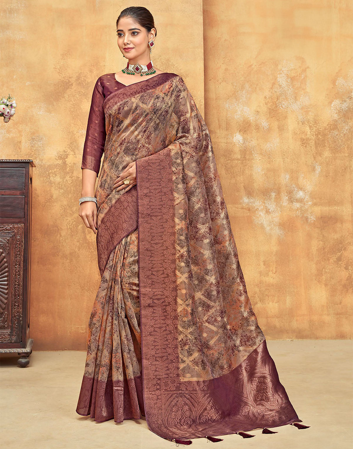 Elegant Maroon Coloured Organza Saree