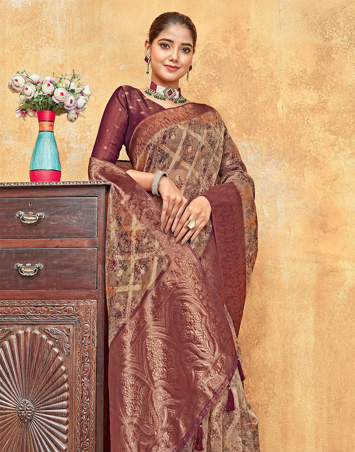 Elegant Maroon Coloured Organza Saree