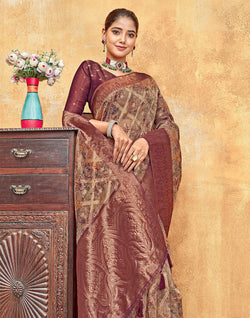 Collection of Elegant Maroon Coloured Organza Saree in a gallery layout