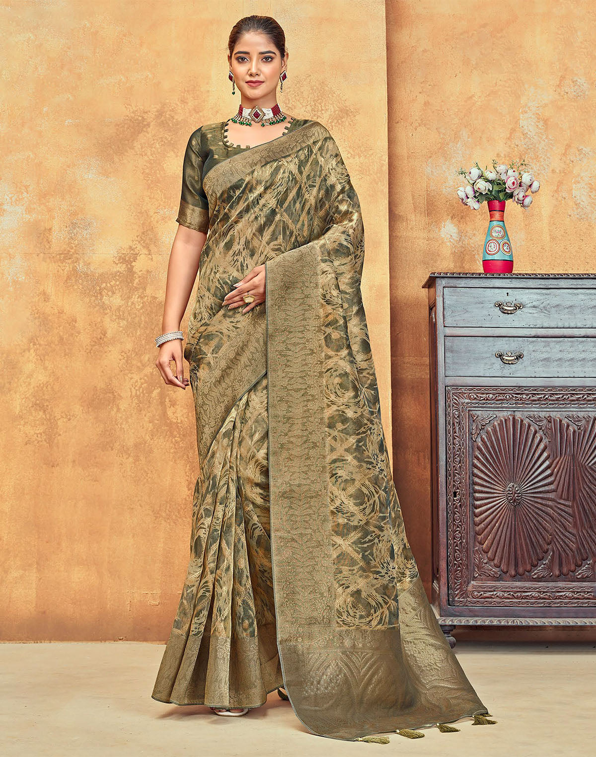 Light Mehendi Green Brocade Design Organza Saree