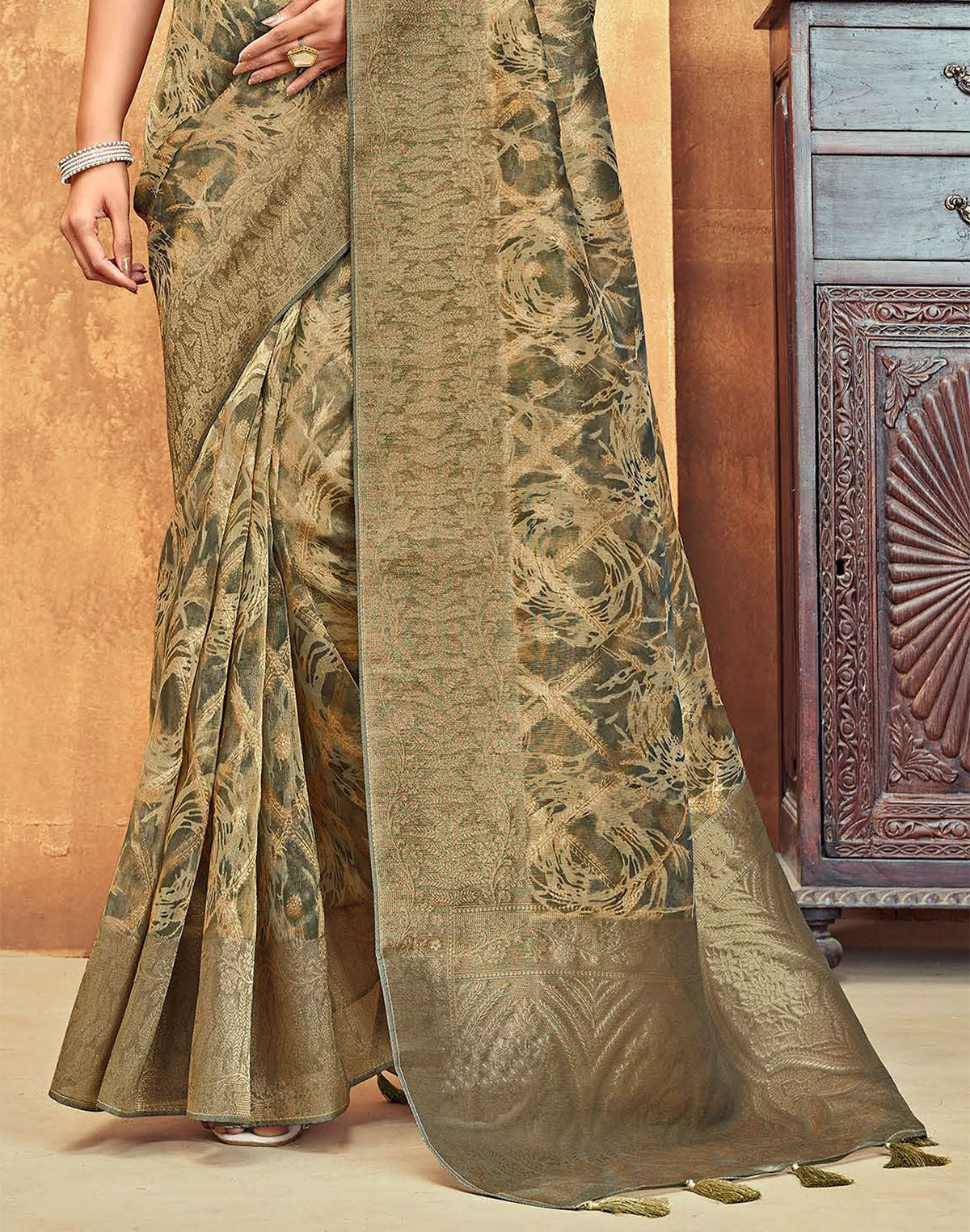 Collection of Light Mehendi Green Brocade Design Organza Saree in a gallery layout