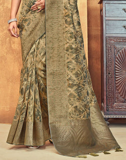 Collection of Light Mehendi Green Brocade Design Organza Saree in a gallery layout