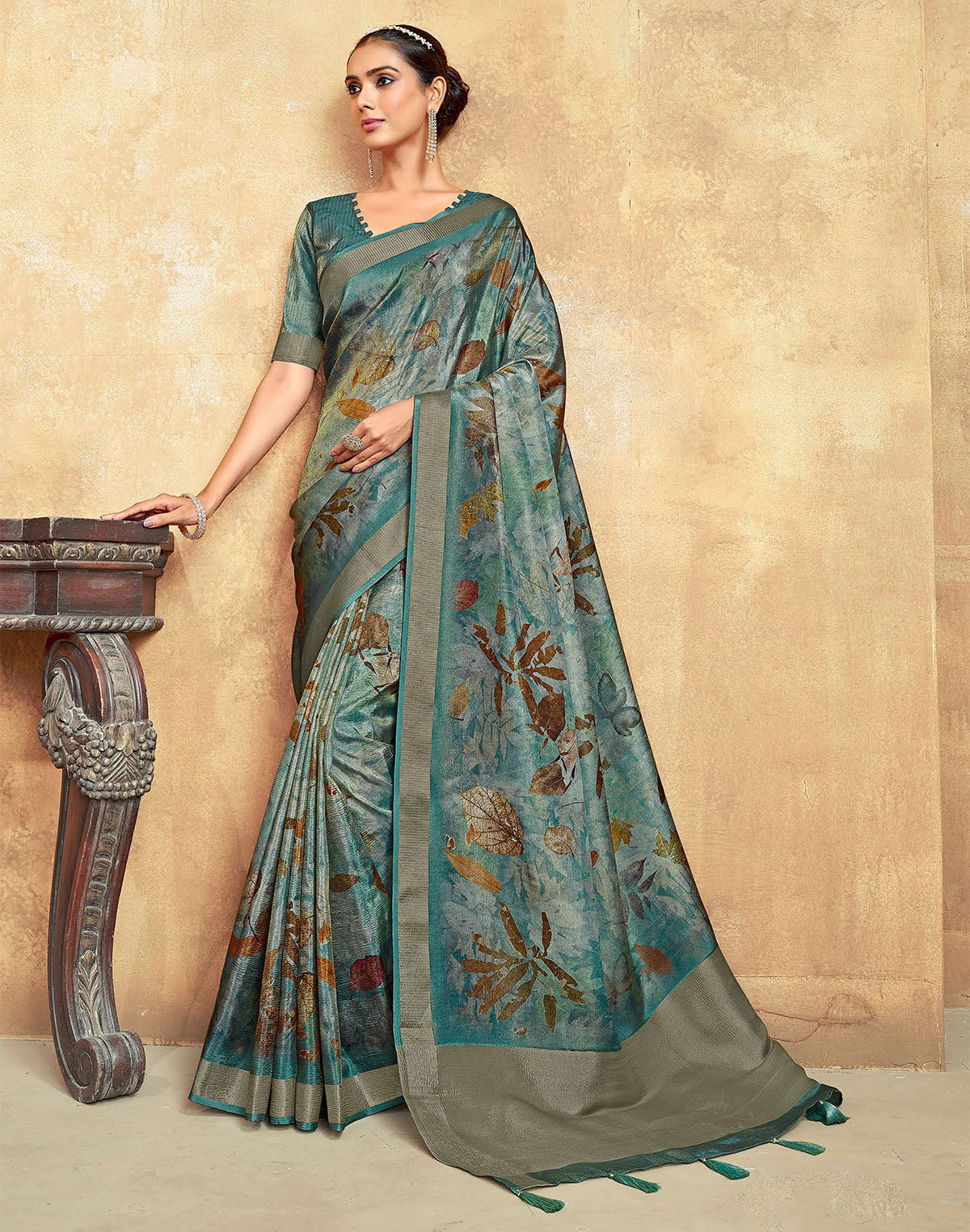 Teal Blue Botanical Print Dola Silk Saree