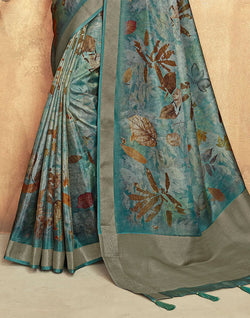 Collection of Teal Blue Botanical Print Dola Silk Saree in a gallery layout