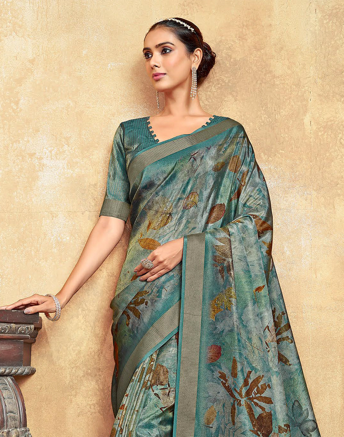 Collection of Teal Blue Botanical Print Dola Silk Saree in a gallery layout