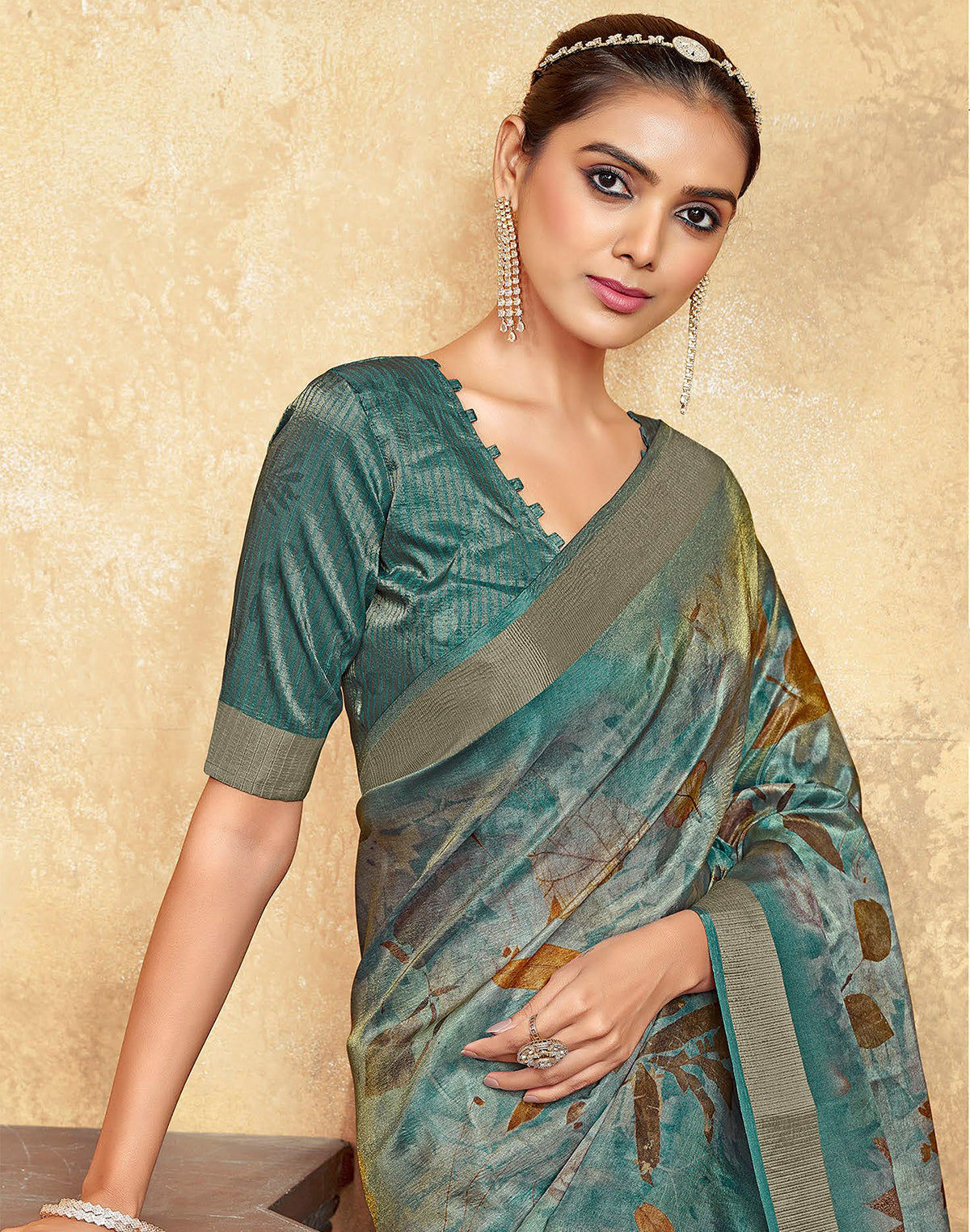 Collection of Teal Blue Botanical Print Dola Silk Saree in a gallery layout