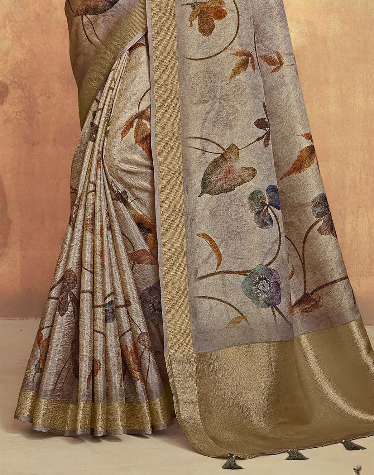 Collection of Ash Coloured Dola Silk Saree With Short Pallu in a gallery layout