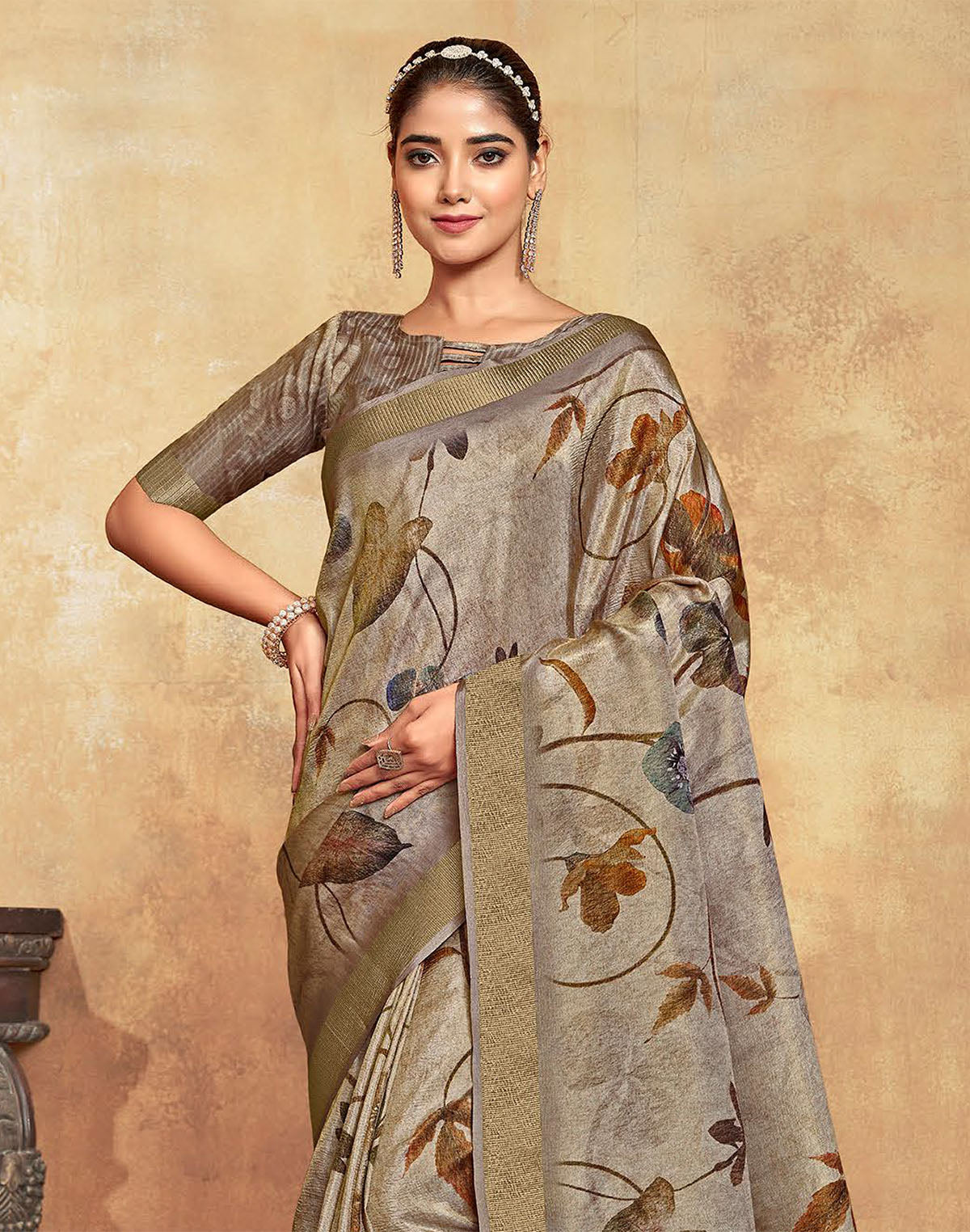 Collection of Ash Coloured Dola Silk Saree With Short Pallu in a gallery layout