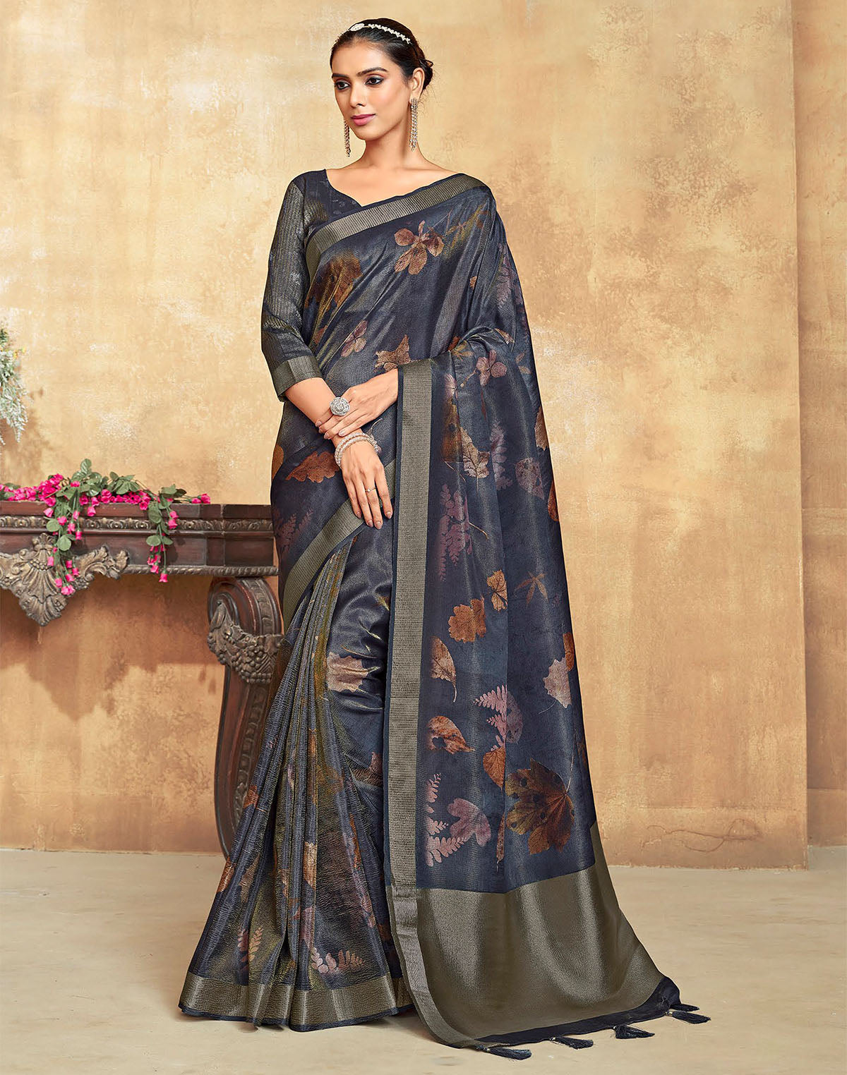 Dark Grey Botanical Print Dola Silk Saree