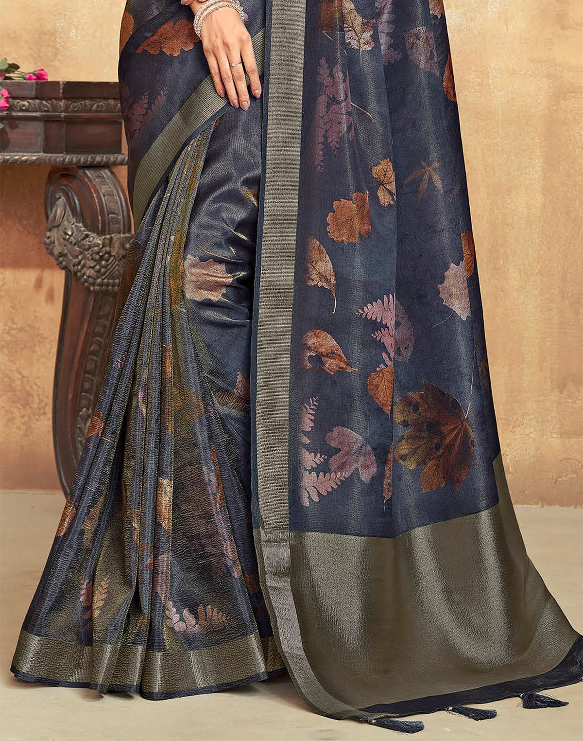 Collection of Dark Grey Botanical Print Dola Silk Saree in a gallery layout