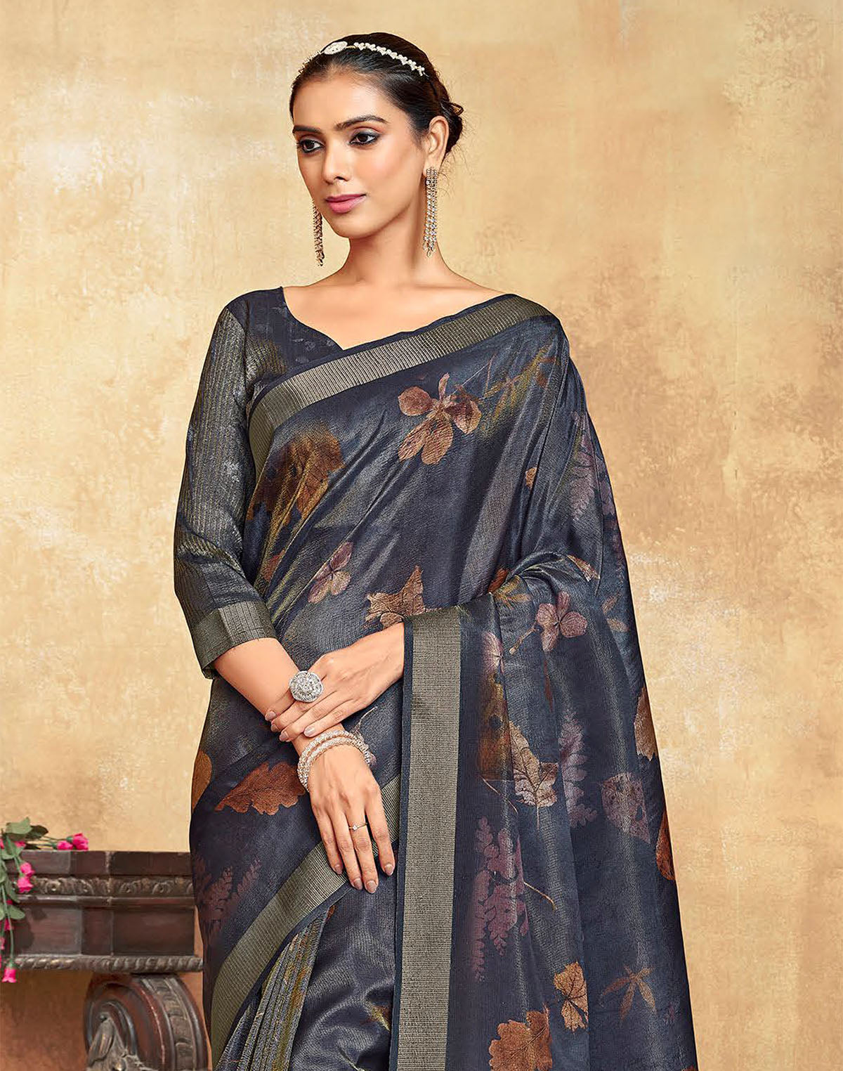 Collection of Dark Grey Botanical Print Dola Silk Saree in a gallery layout