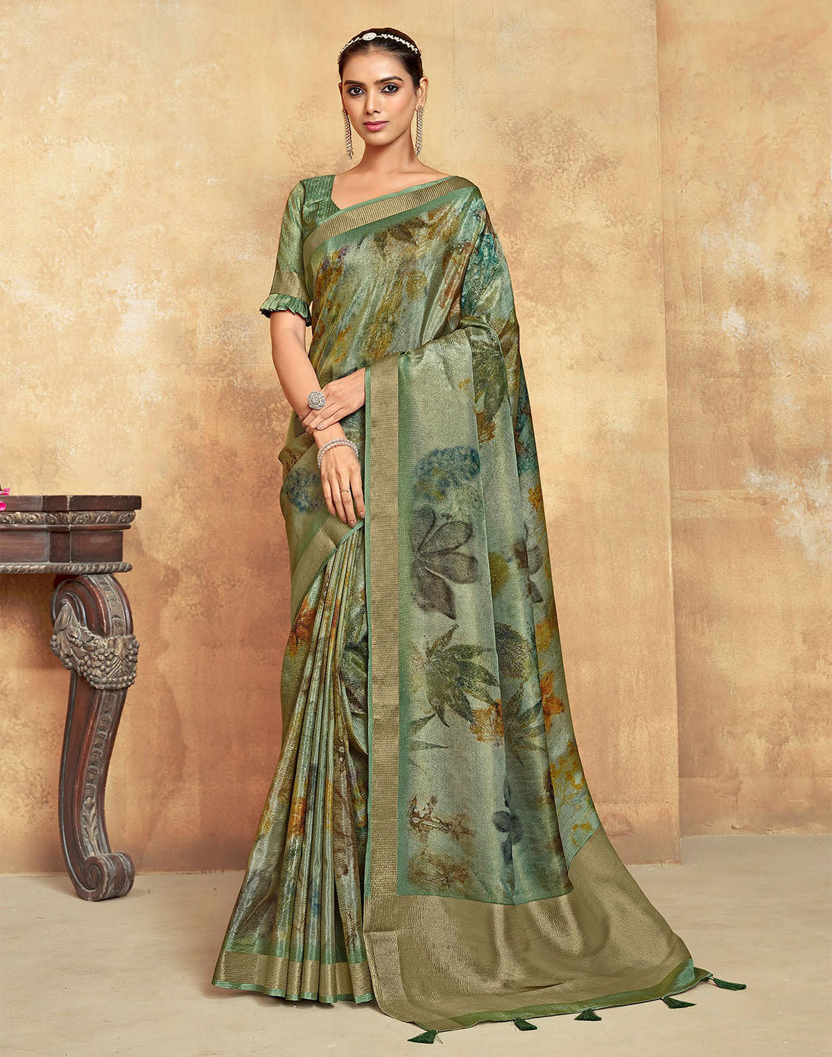 Green Dola Silk Saree With Tussels