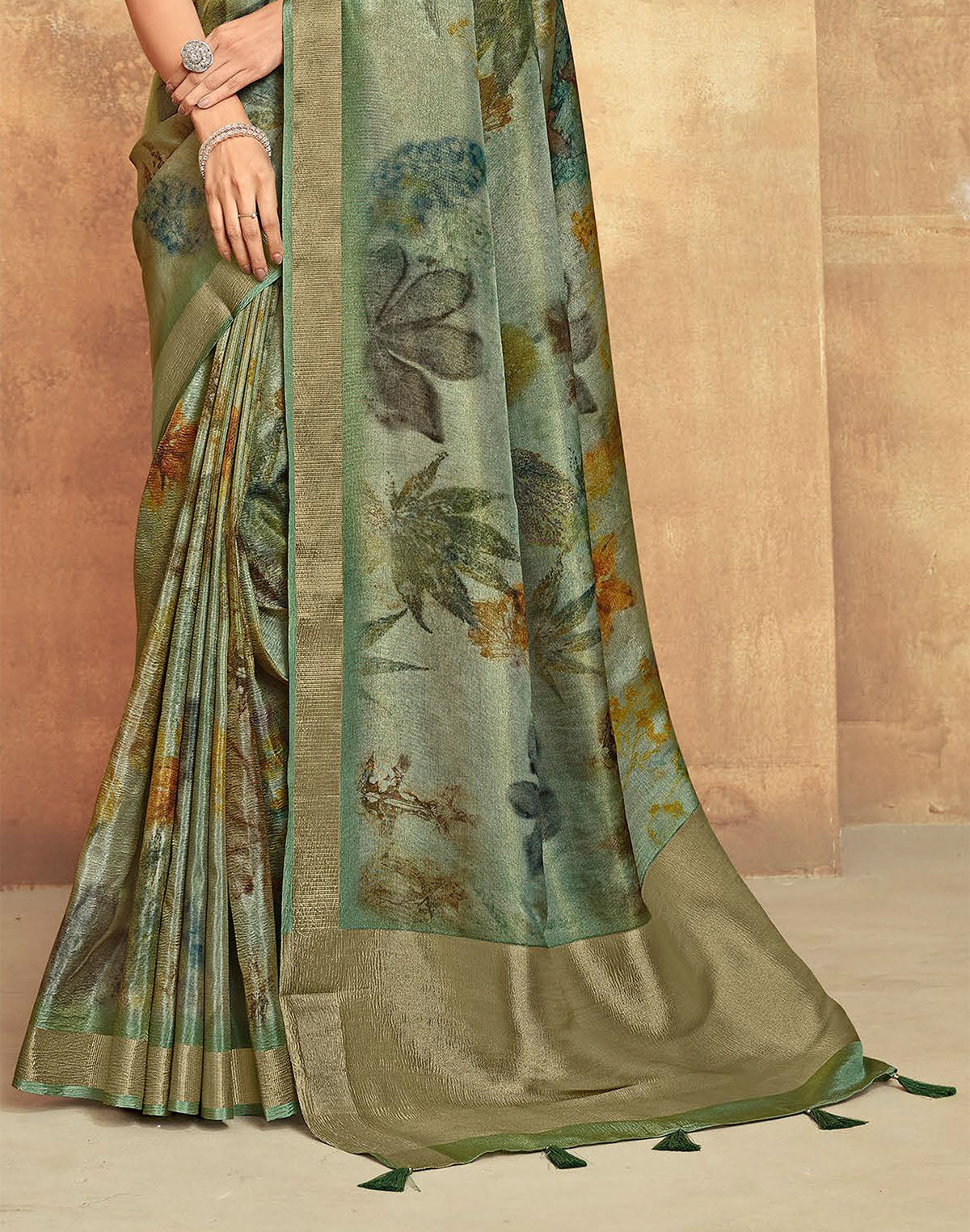 Collection of Green Dola Silk Saree With Tussels in a gallery layout