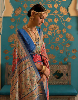 Collection of Dark Orange Ikat Print Soft Patola Silk Saree in a gallery layout