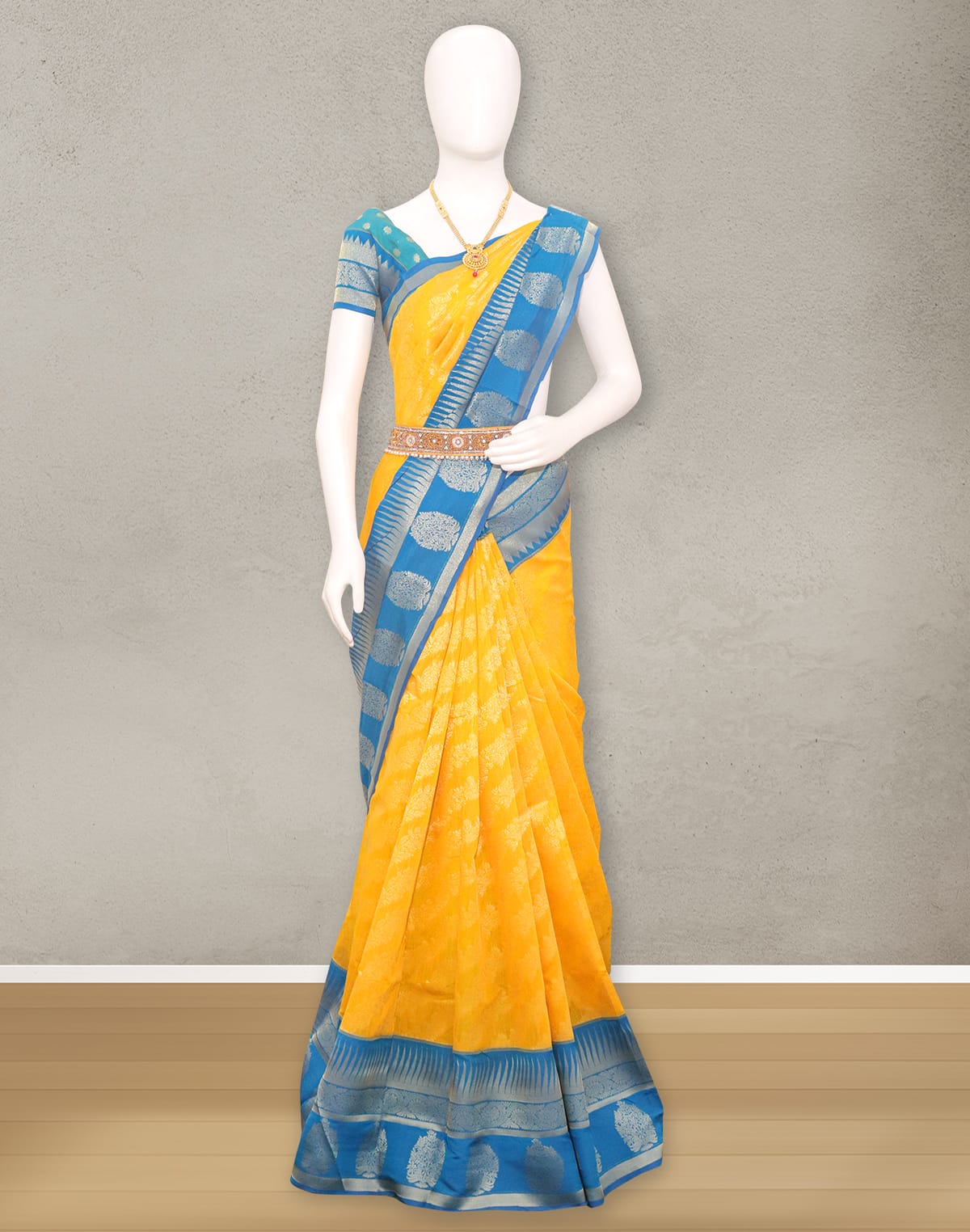 Collection of Yellow coloured Floral bunches Sico Cotton Silk Saree in a gallery layout