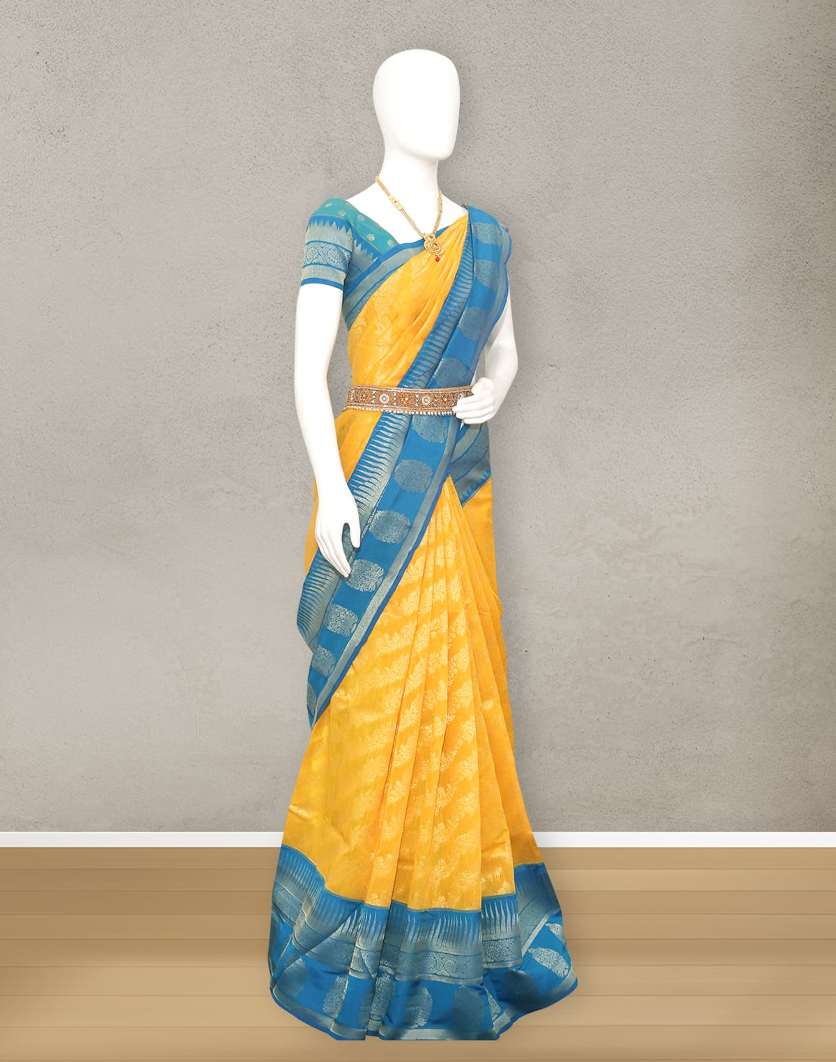 Collection of Yellow coloured Floral bunches Sico Cotton Silk Saree in a gallery layout