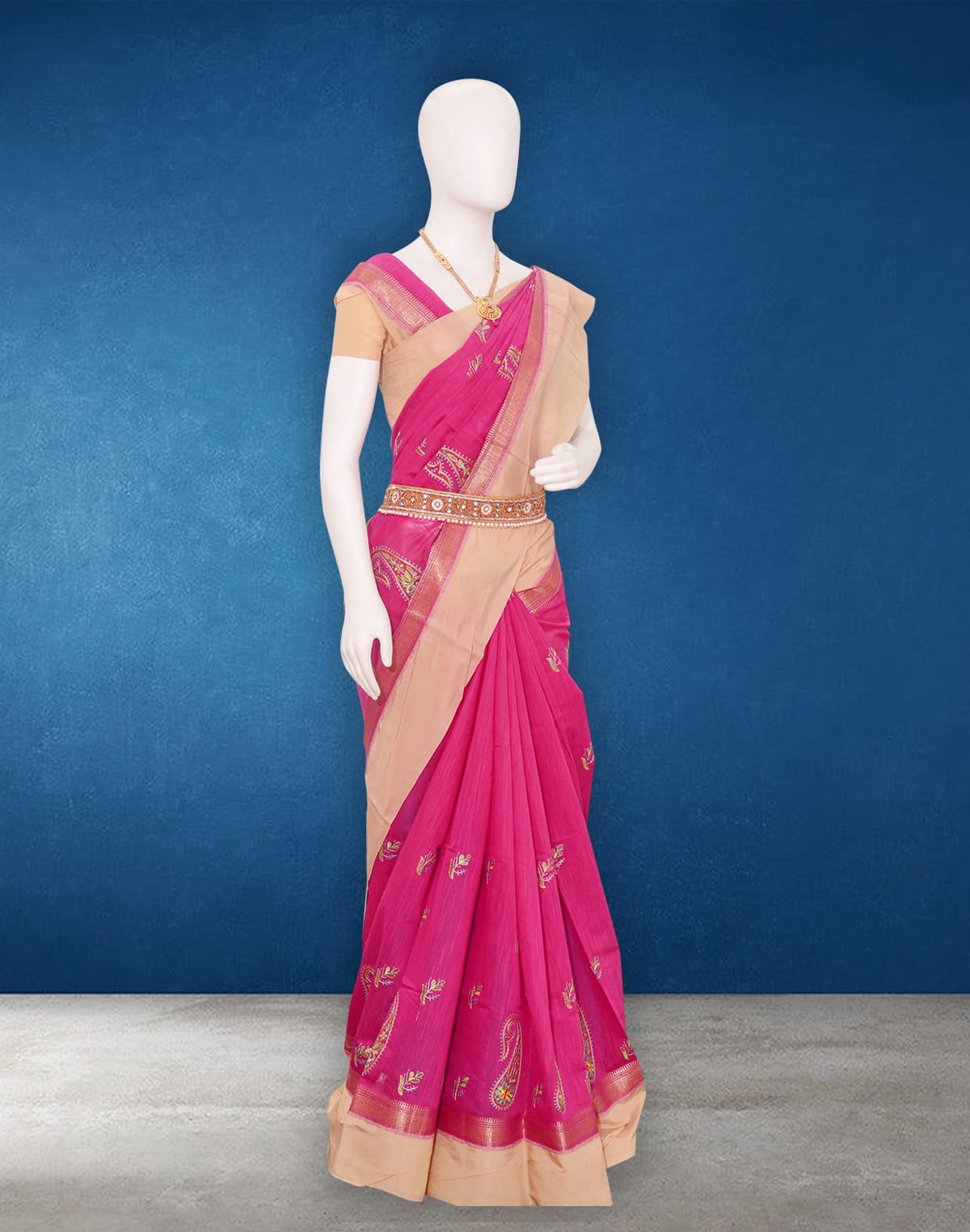 Pink Sico Cotton Embroidery work Saree