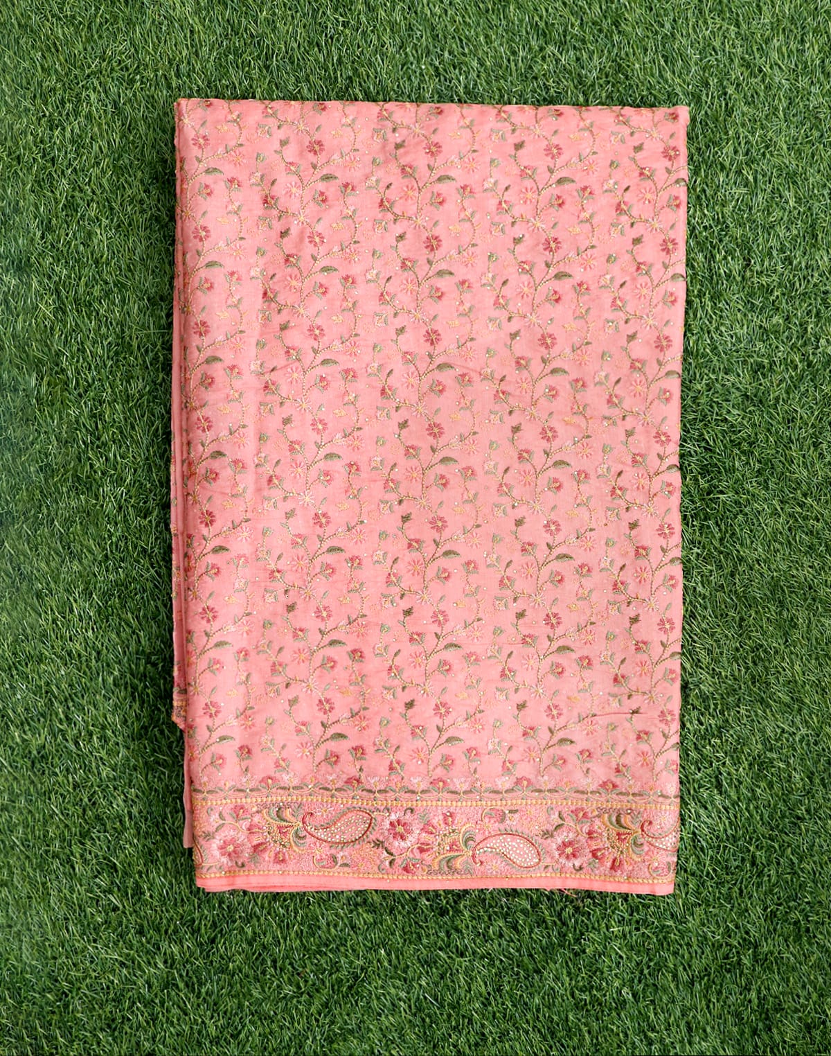 Peach Floral Raw Silk Embroidery work Saree