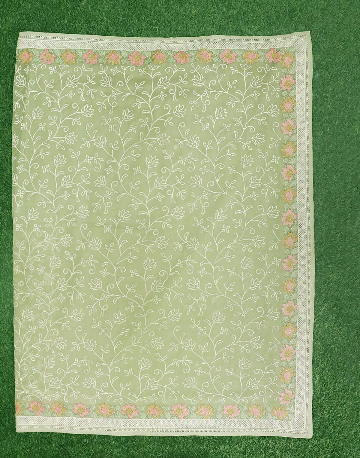 Light Pista Green Chikankari work Georgette Saree with elegant Embroidery Border